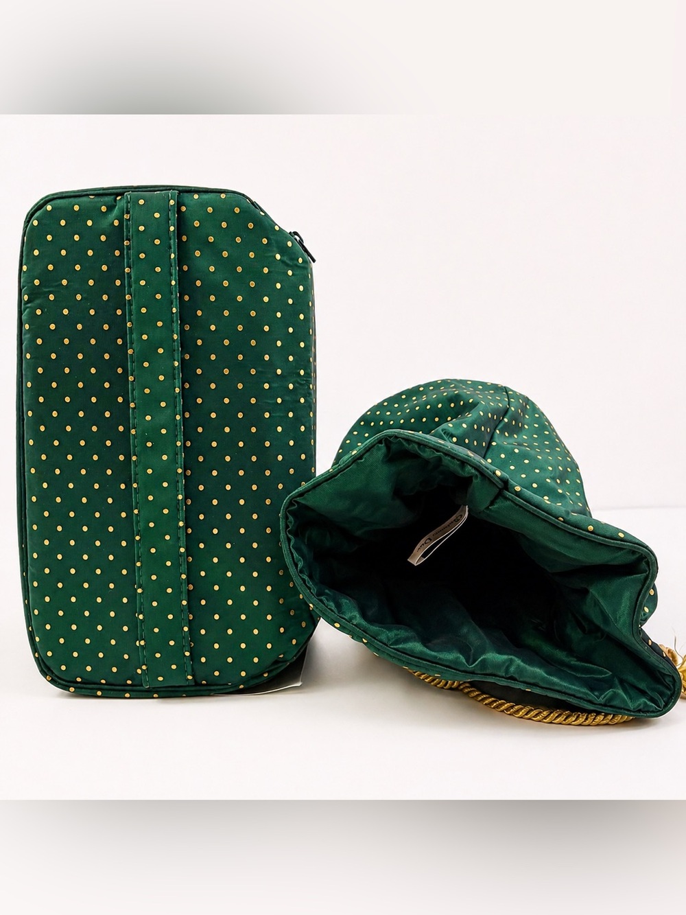 Vintage Dior Cosmetic Bag Set Green Gold Polka Dot NOS - Picture 7 of 16